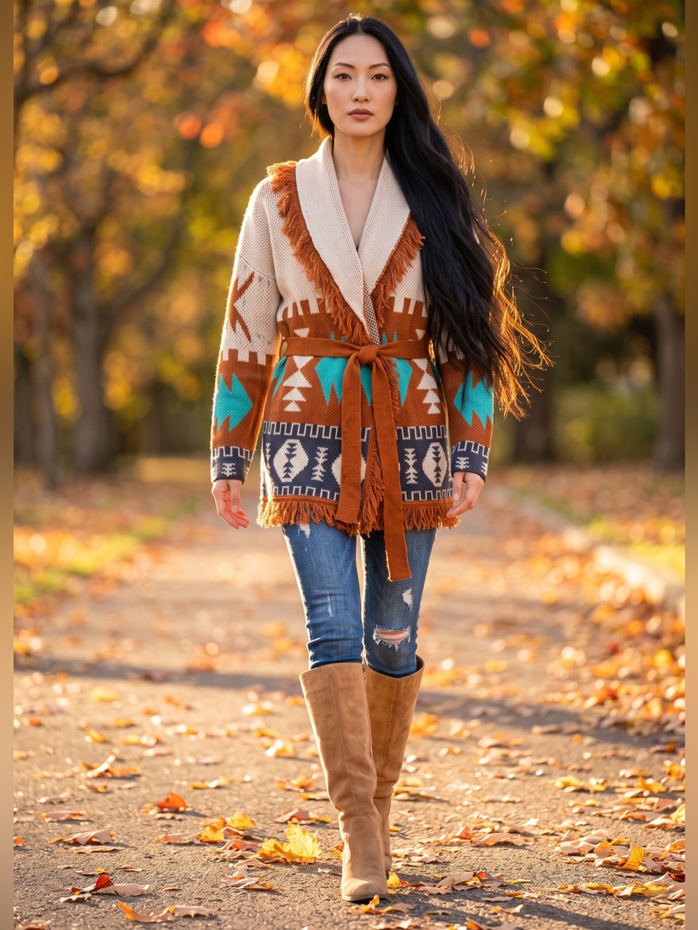 Fringed Aztec Wrap Cardigan Sweater - Cream, Rust & Turquoise
